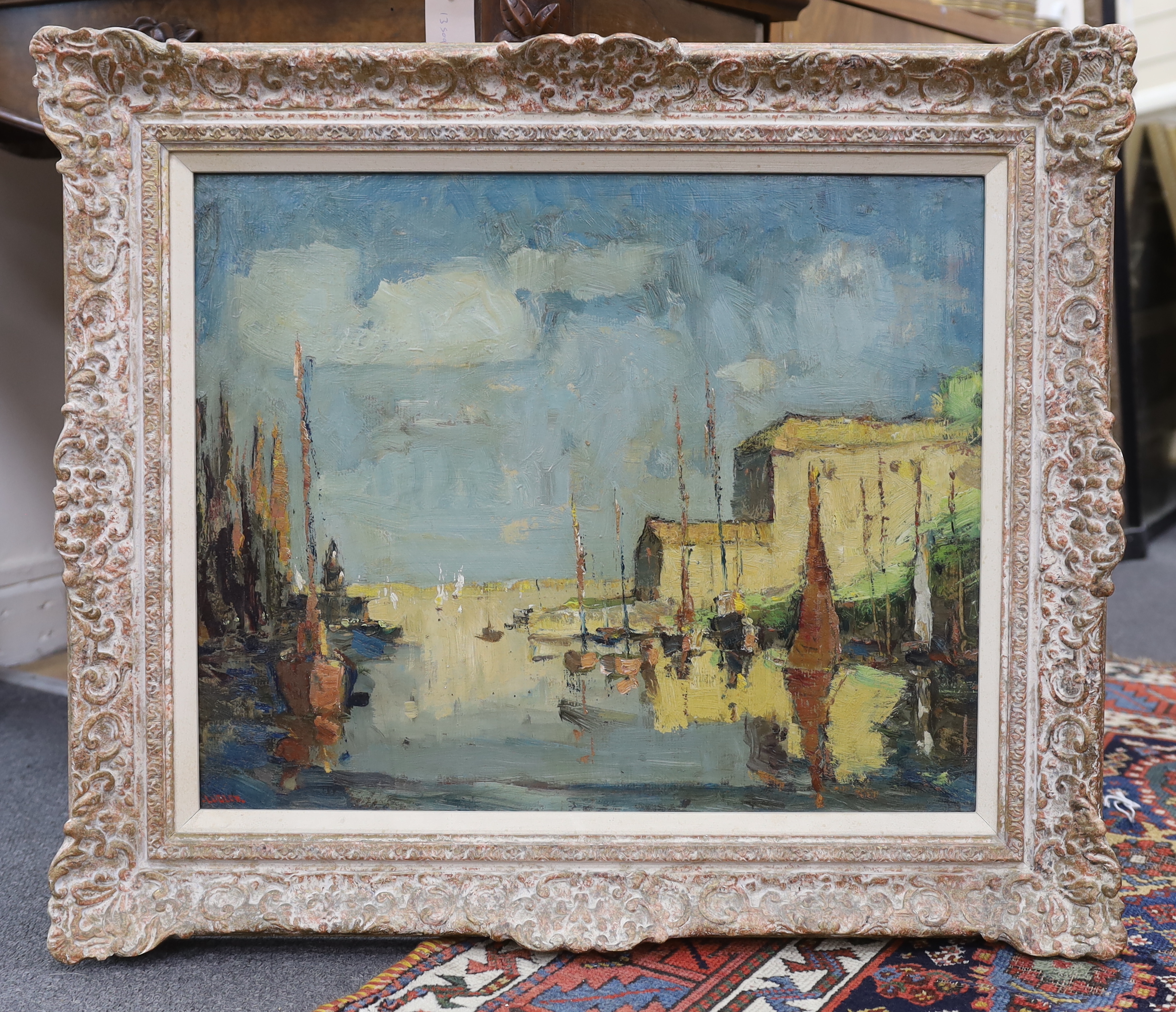 William Ludlow (fl.1930-1960), impressionist oil on board, Harbour scene with moored boats, signed, 45 x 54cm